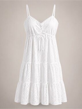 Altar’d State White Eyelet Midi Length Dress. Lace Up Chest, Tiered Skirt. Sz L